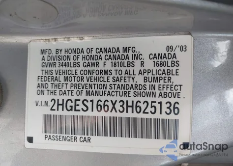 2003 Honda Civic Lx из США, поврежденный, VIN 2HGES166X3H625136